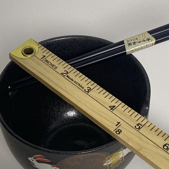 Japanese Ceramic Ramen Bowl with Rabbit Design and Chopsticks Black Full Moon - Picture 6 of 6